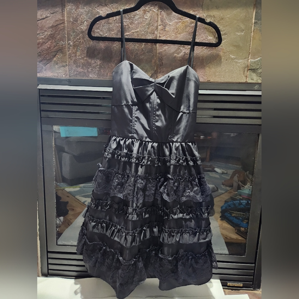 Black semi formal strapless dress with ruffle detailing